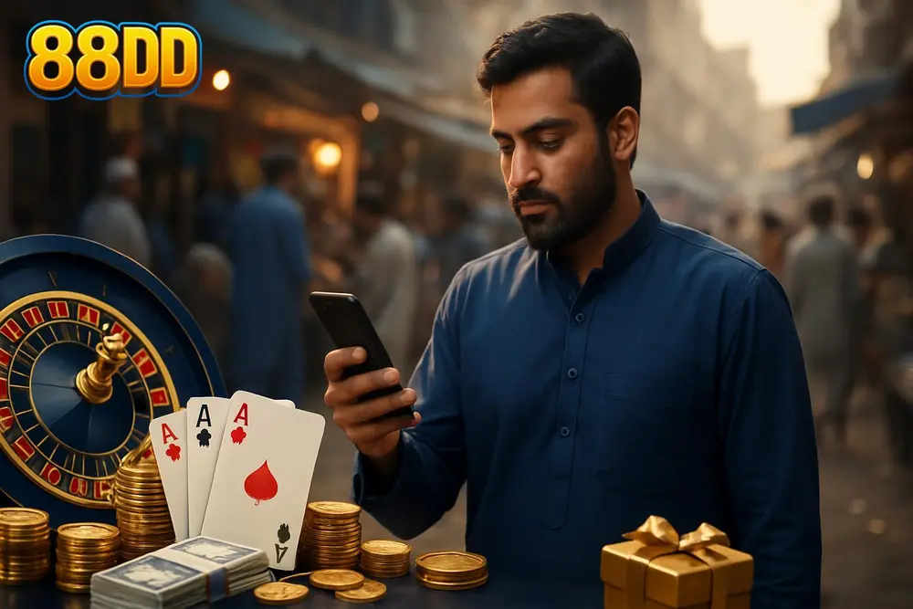 88DD App โ a Pakistani man walking outdoors while checking a mobile app on his phone with a busy street market in 88DD App โ a Pakistani man walking outdoors while checking a mobile app on his phone with a busy street market in