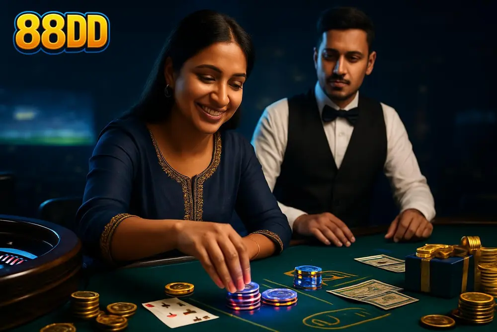 88DD Games — a Pakistani woman smiling as she places colorful glowing chips near playing cards at a lively table