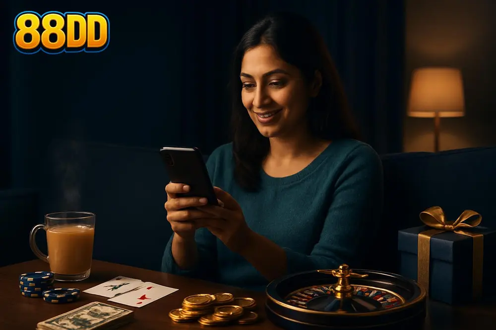 88DD Pakistan โ a Pakistani woman relaxing on a sofa in the evening holding a smartphone with soft ambient lighting 88DD Pakistan โ a Pakistani woman relaxing on a sofa in the evening holding a smartphone with soft ambient lighting