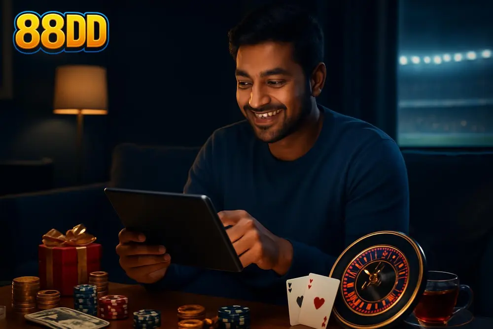 88DD Pakistan โ a young Pakistani man smiling while sitting in a cozy living room browsing a glowing gaming platform 88DD Pakistan โ a young Pakistani man smiling while sitting in a cozy living room browsing a glowing gaming platform