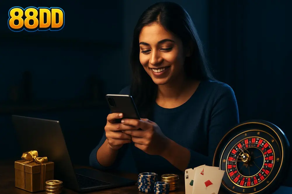 88DD Login — a young Pakistani woman unlocking her phone with a smile while seated at a kitchen table with a laptop