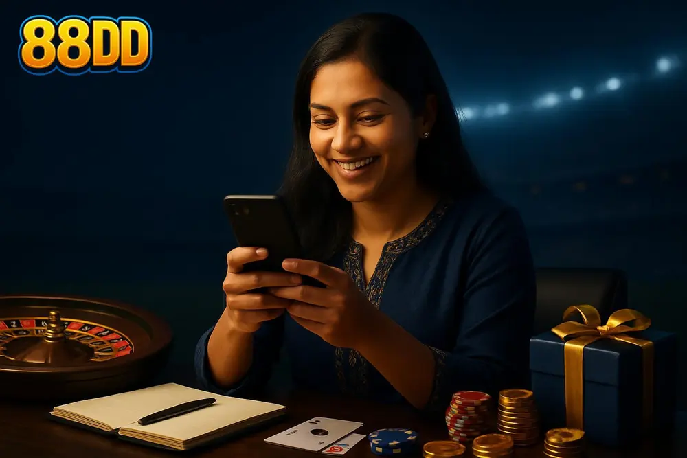 88DD Register — a Pakistani woman holding her phone while smiling and completing an online sign-up form at home with